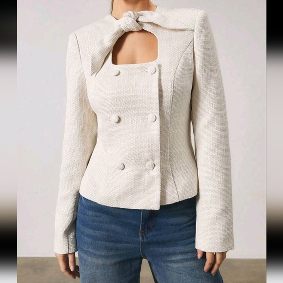 Women's White Textured Hollow-Out Bow-Knot Waisted Long Sleeve Suit Jacket - Picture 1 of 4